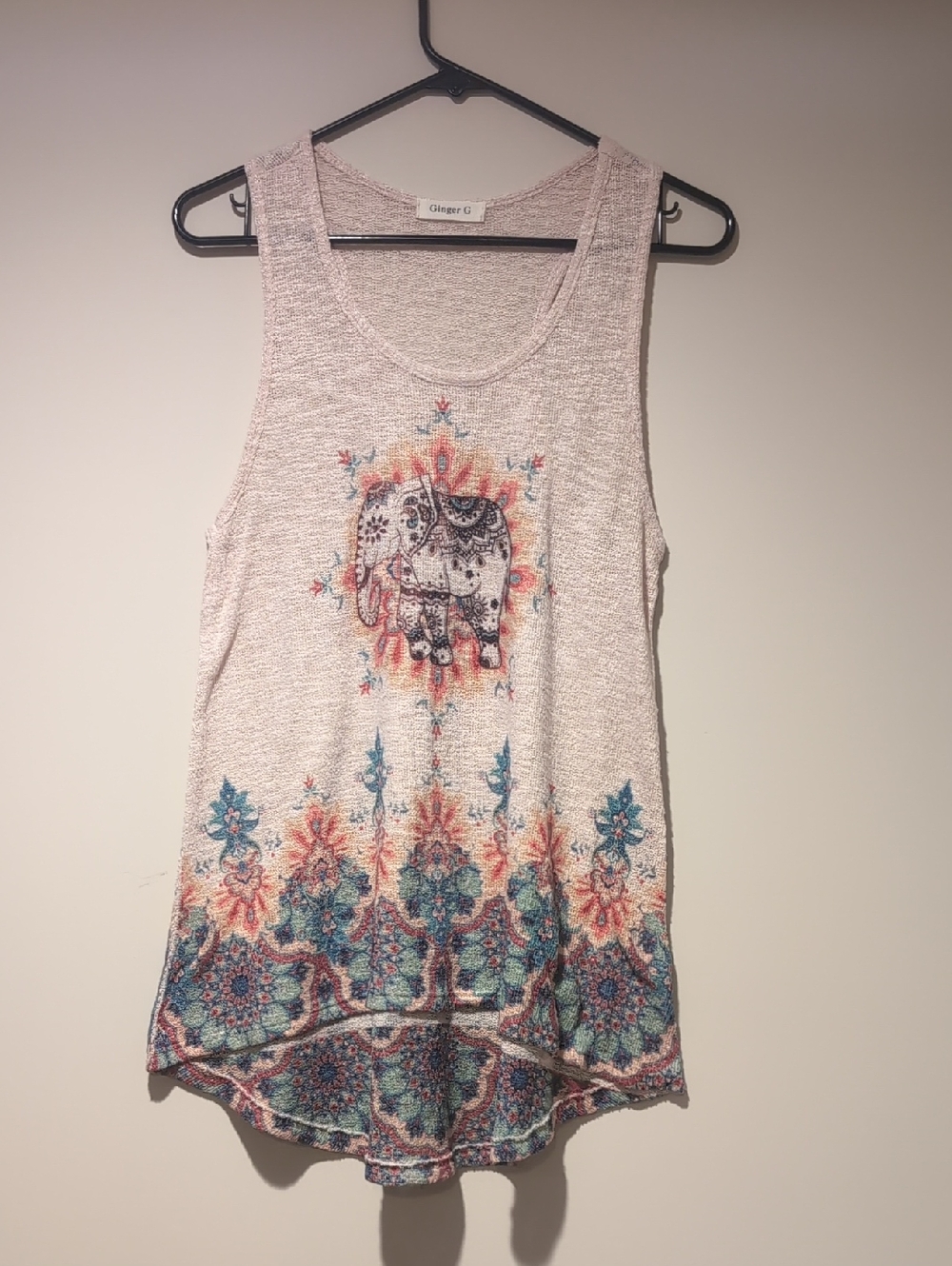 Ginger G Cream Tank Top with Elephant & Teal Floral Border